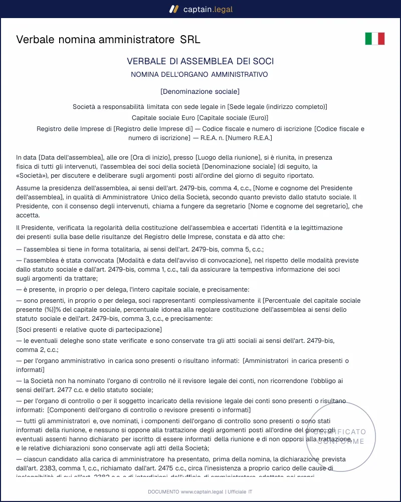 Verbale nomina amministratore SRL ex art. 2475 c.c.