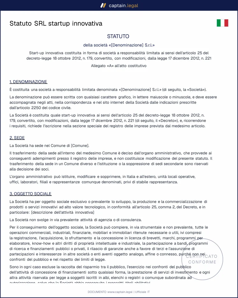 Statuto SRL startup innovativa conforme al D.L. 179/2012