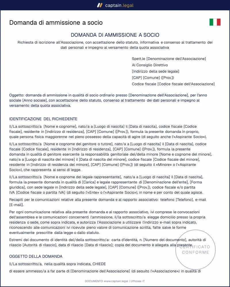 Domanda di ammissione a socio conforme al D.Lgs. 117/2017