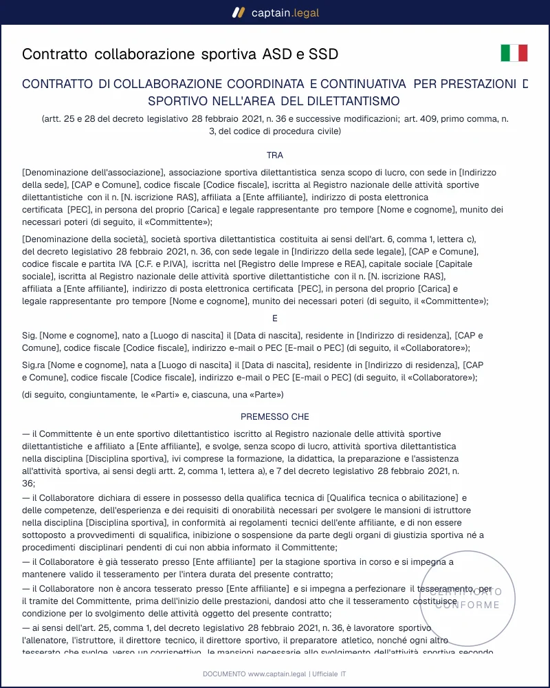 Contratto collaborazione sportiva D.Lgs. 36/2021 | Modello