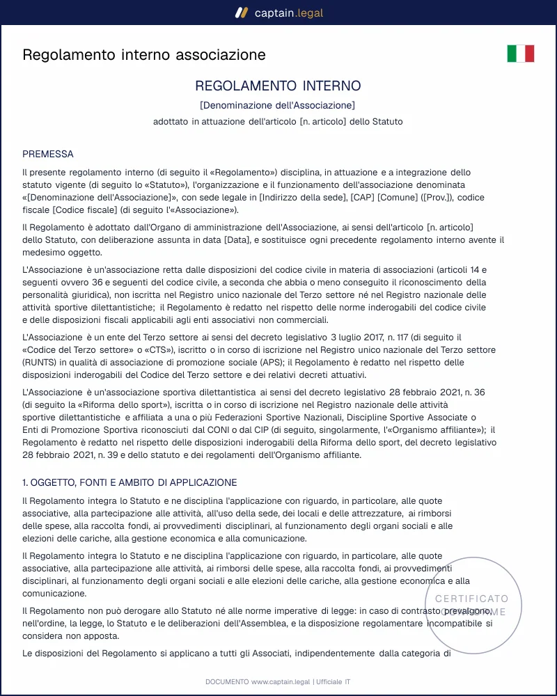 Regolamento interno associazione conforme al D.Lgs. 117/2017