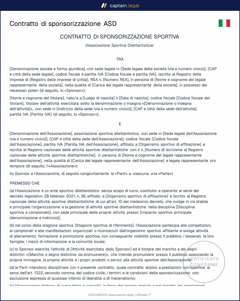 Contratto sponsorizzazione ASD ex art. 12 D.Lgs. 36/2021