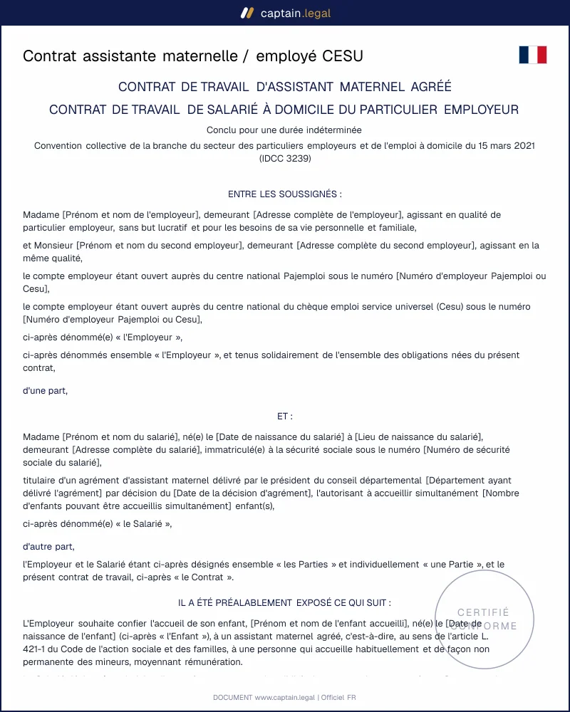 Contrat assistante maternelle / CESU conforme IDCC 3239