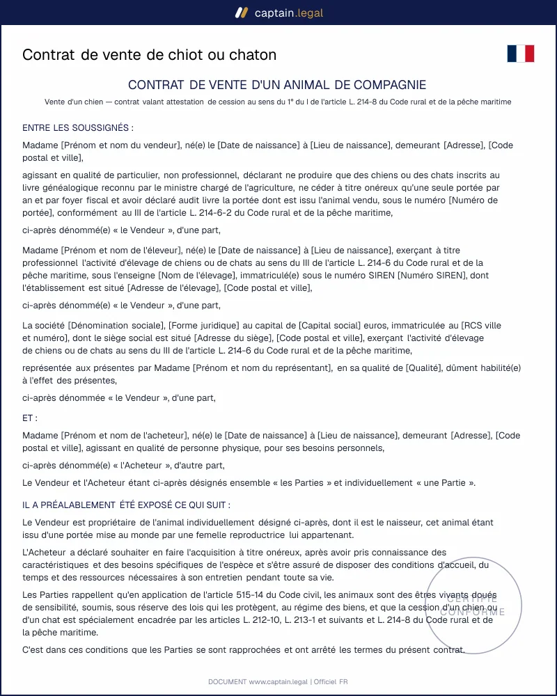 Contrat de vente d'animal conforme à l'art. L214-8 C. rural