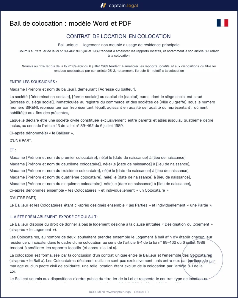 Bail de colocation conforme à l'article 8-1 loi 1989 (ALUR)
