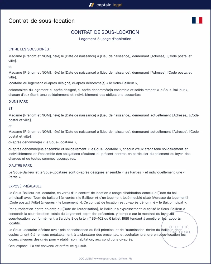 Contrat de sous-location (art. 8 loi 1989) : modèle à jour