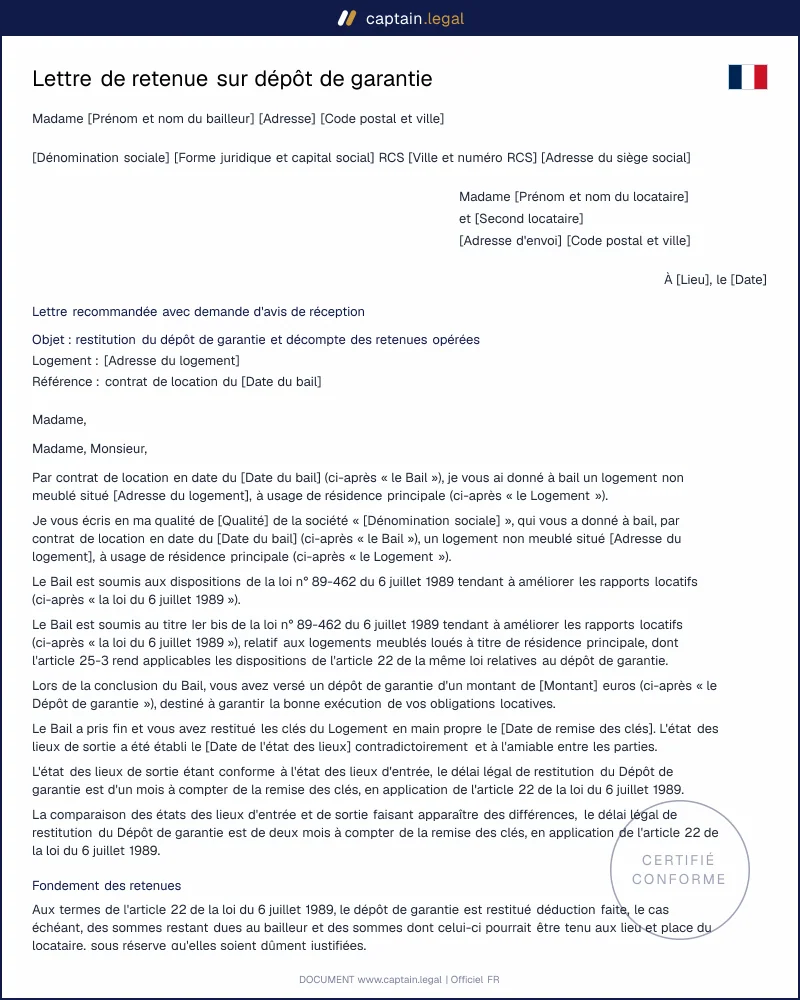 Retenue sur dépôt de garantie (art. 22 loi 1989) : modèle