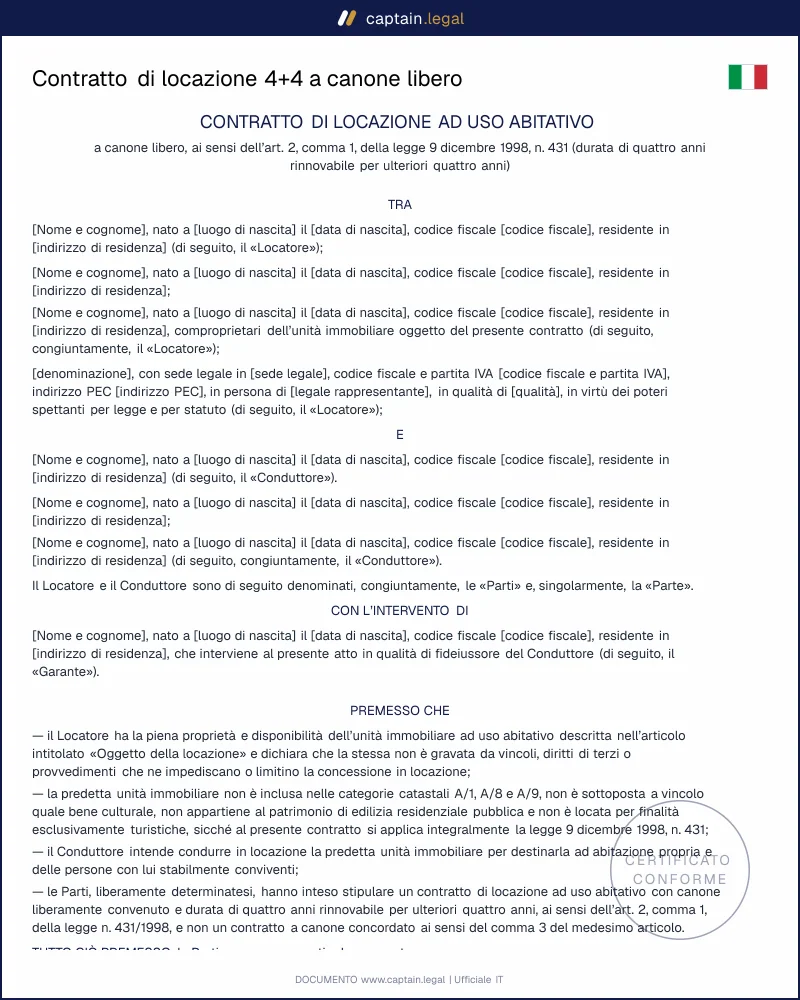 Contratto 4+4 ex art. 2 L. 431/1998: modello conforme