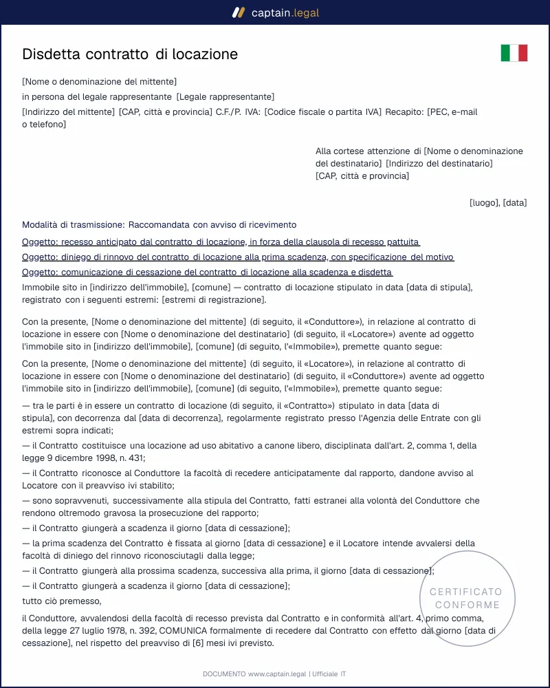 Disdetta locazione art. 3 L. 431/1998: modello legale