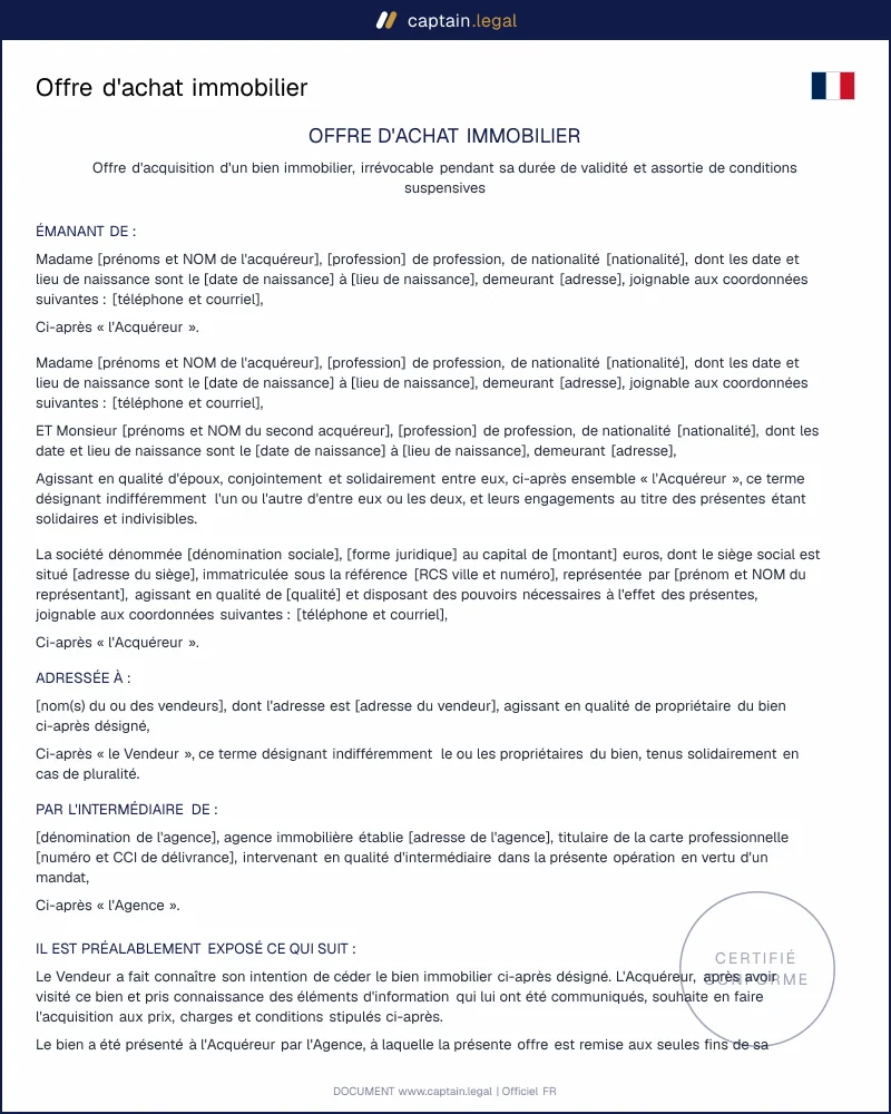 Offre d'achat immobilier (art. 1114 et 1583 Code civil)