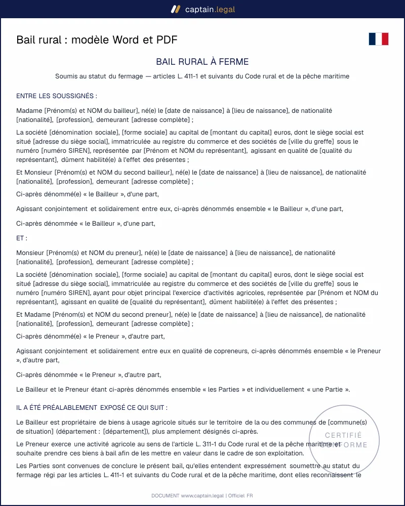 Bail rural (art. L411-1 Code rural) : modèle à remplir