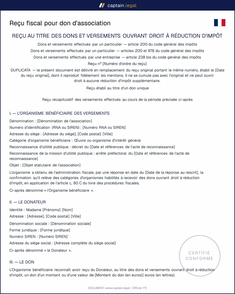 Reçu fiscal pour don (art. 200 CGI) : modèle Cerfa 11580