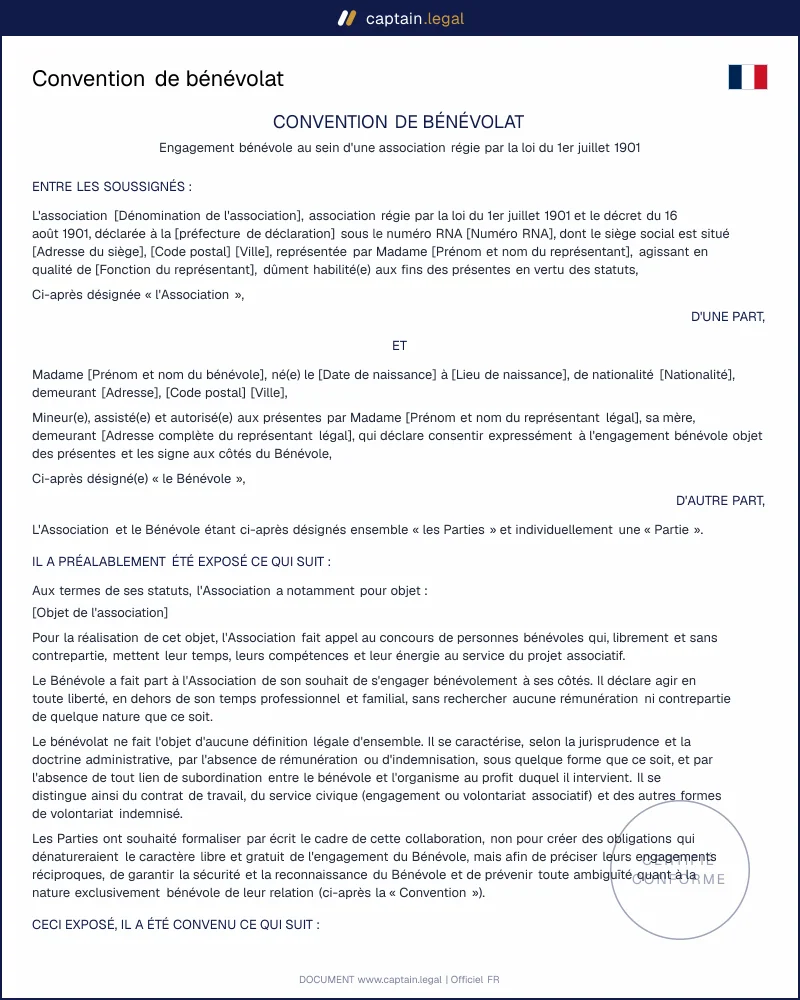 Convention de bénévolat conforme à la jurisprudence