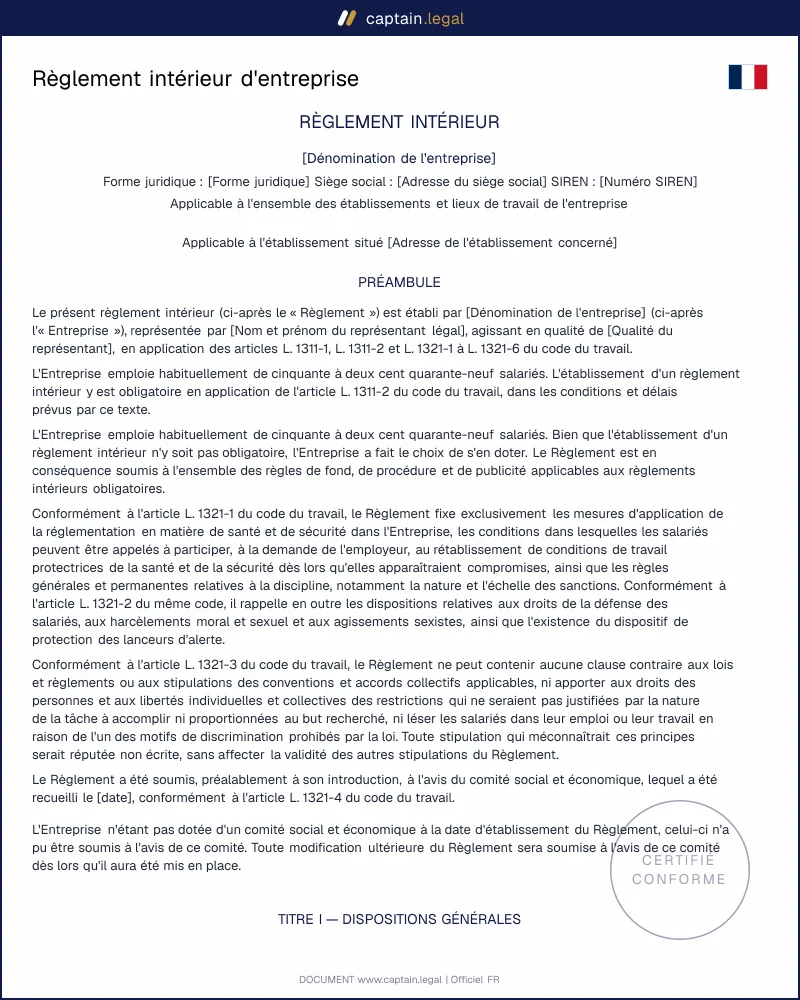 Règlement intérieur (art. L1311-2 C. trav.) : modèle