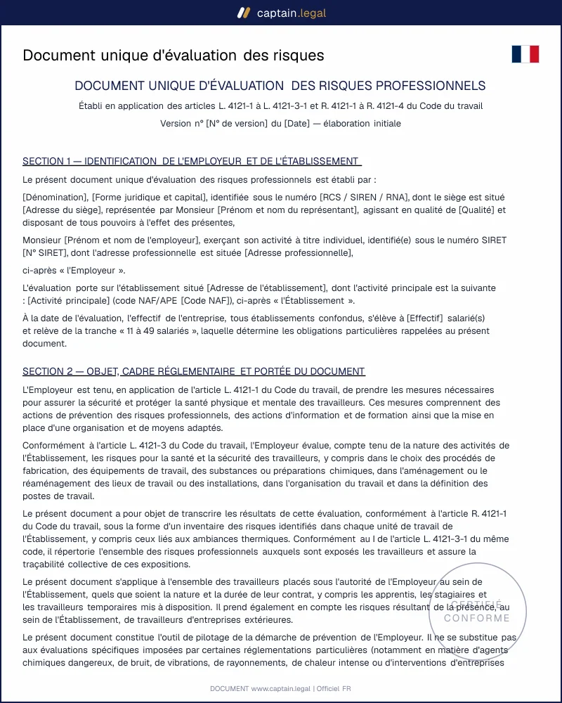DUERP conforme aux art. R4121-1 s. du Code du travail