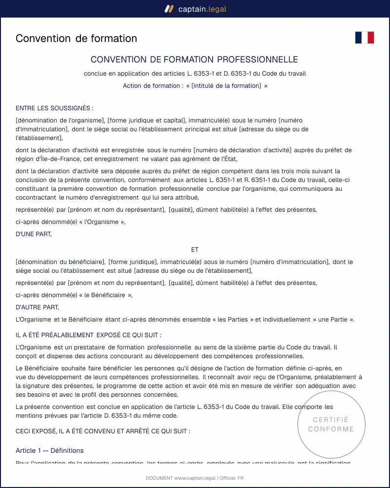 Convention de formation (art. L6353-1 C. trav.) | Modèle
