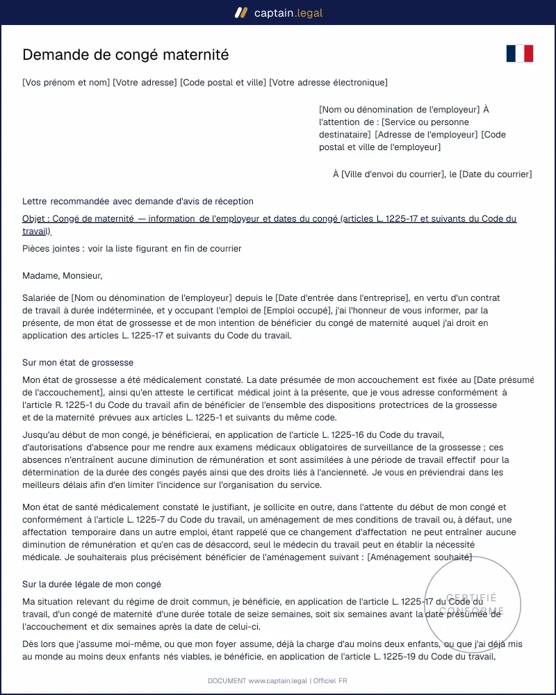 Lettre de congé maternité (art. L1225-24 C. trav.)