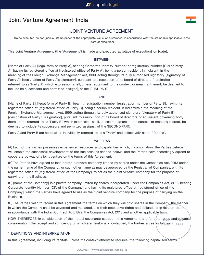 Joint Venture Agreement India | Companies Act 2013 & FEMA