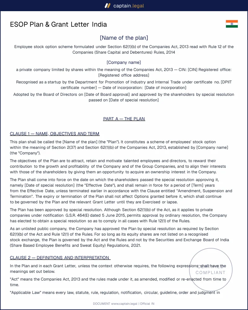 ESOP Plan India | Section 62(1)(b) & Rule 12 Compliant