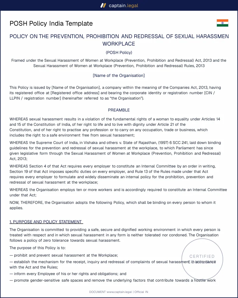 POSH Policy India | Act 2013, Rule 13(a) & Section 4