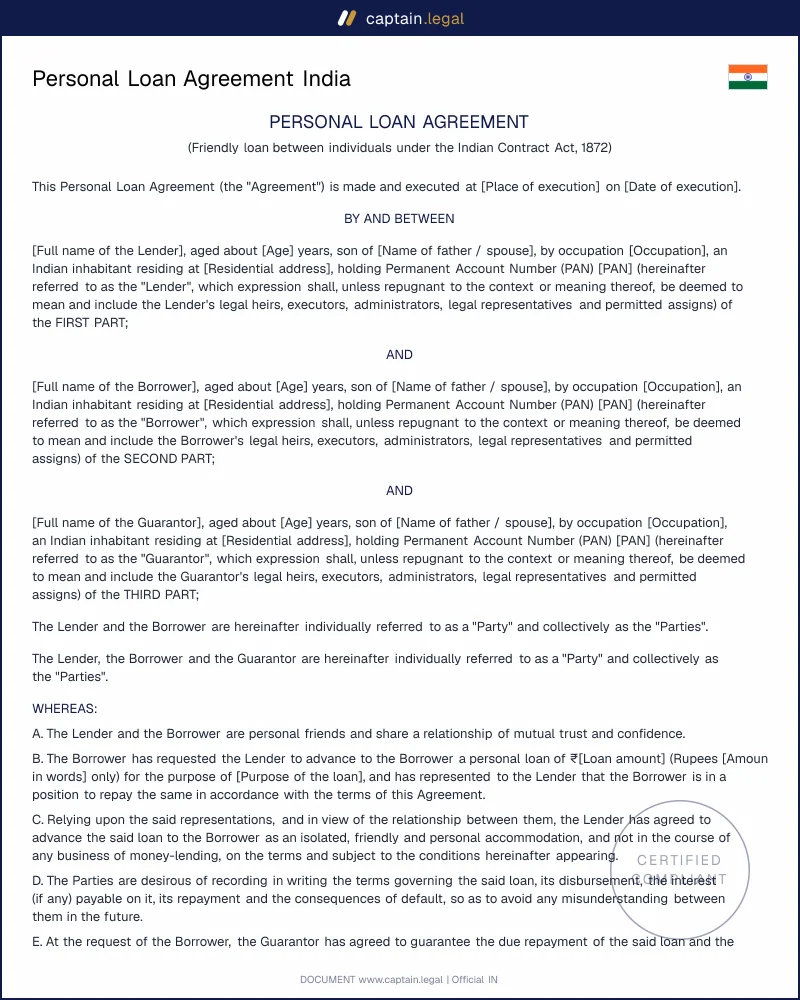 Personal Loan Agreement India | Contract Act 1872