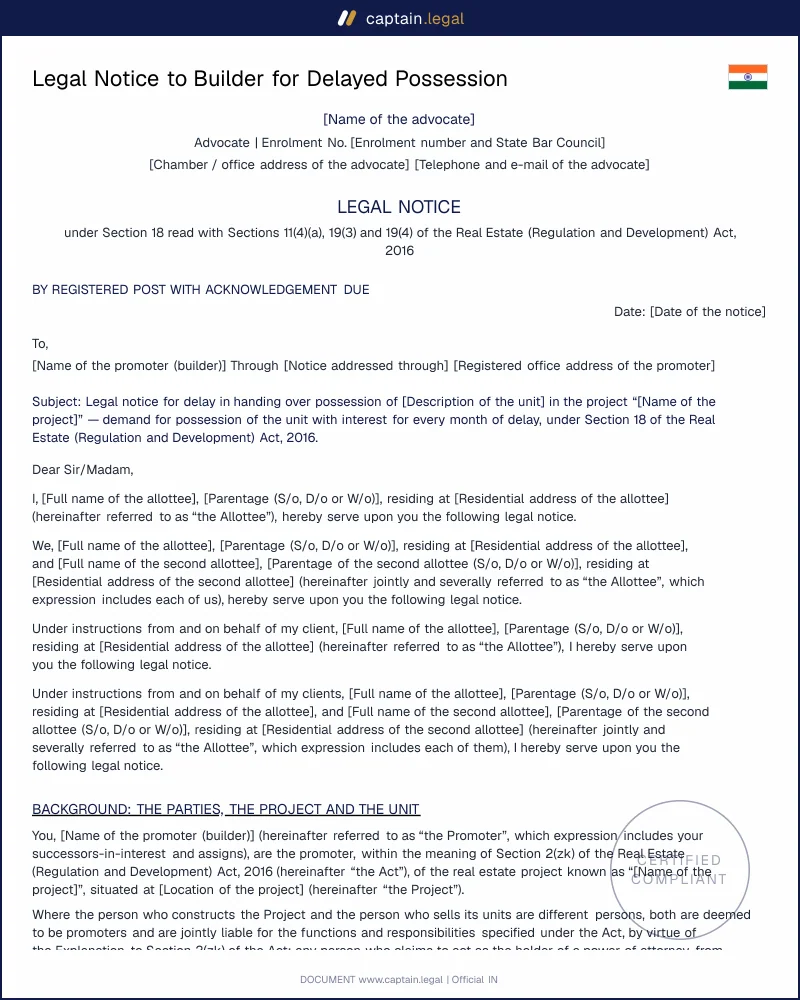 Delayed Possession Notice: Section 18 RERA 2016 Format