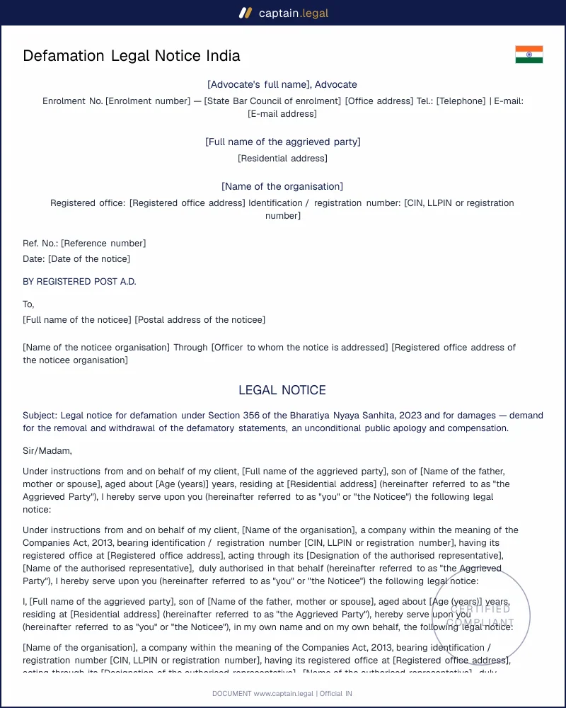 Defamation Notice India: Section 356 BNS & 222 BNSS