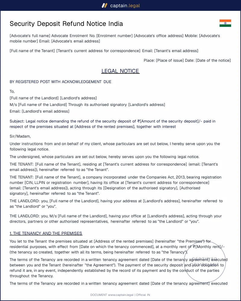 Deposit Refund Notice: Section 11 MTA 2021 & Section 73 ICA