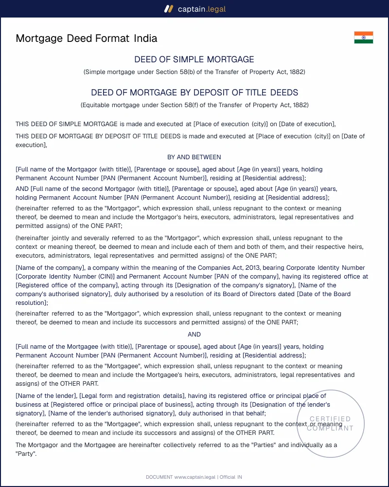 Mortgage Deed India | Section 58 TPA & Registration Act