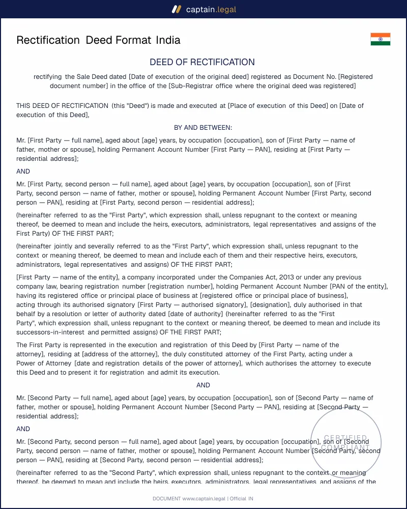 Rectification Deed India | Section 17 Registration Act