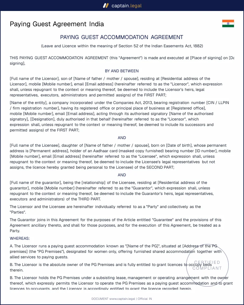 Paying Guest Agreement India: Section 52 Easements Act