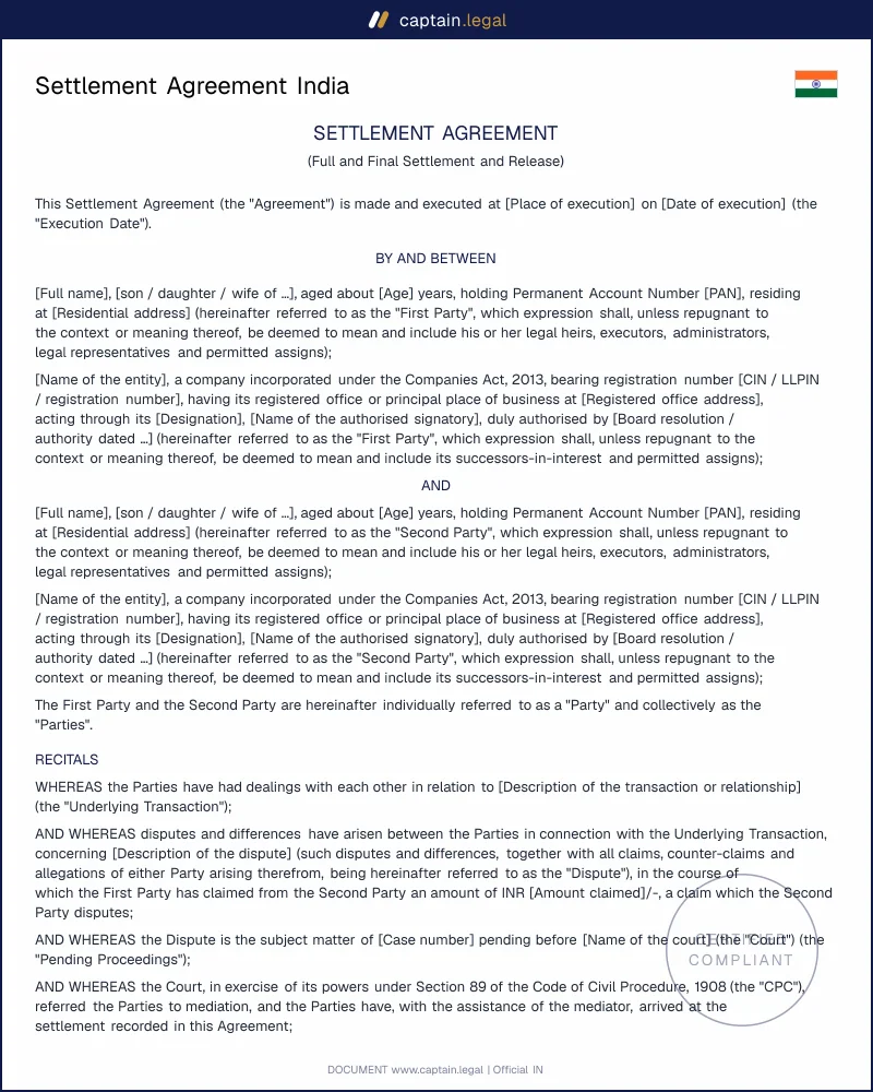 Settlement Agreement India | Sec. 63 ICA & Sec. 89 CPC