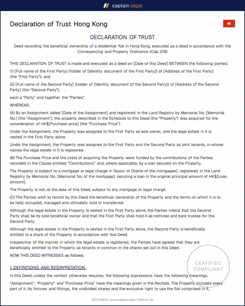 Declaration of Trust HK: Cap. 219 s.5 Deed and Cap. 117 Duty