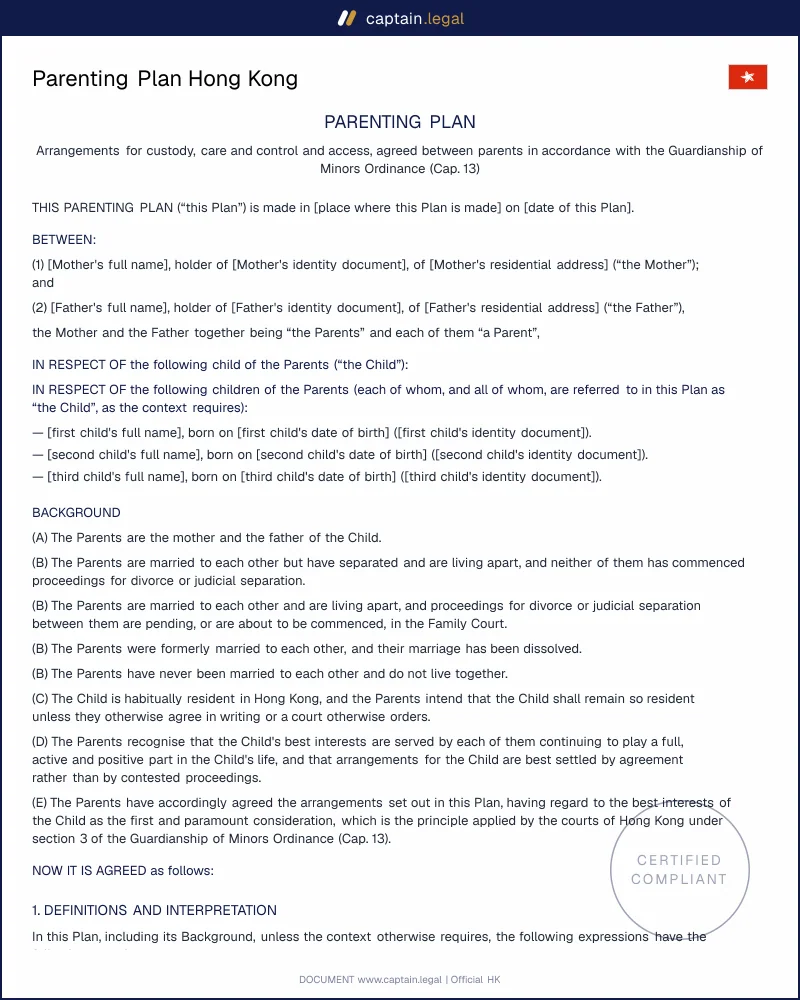 Parenting Plan HK: Cap. 13 Custody and Access Template