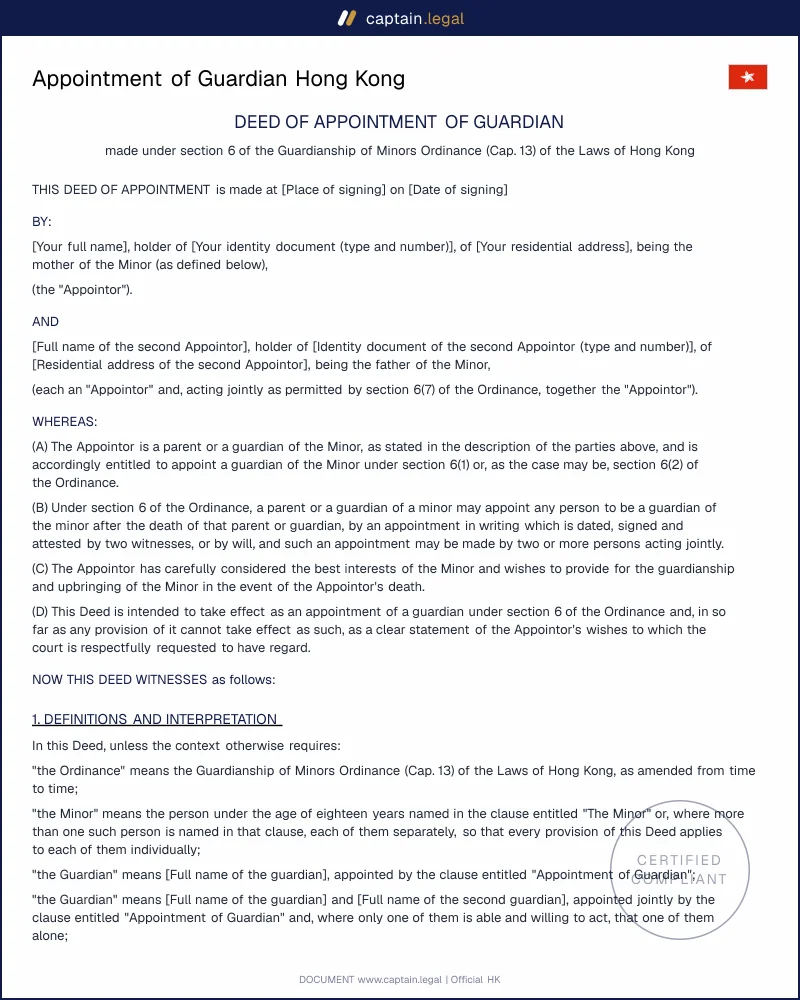 Appointment of Guardian HK: Cap. 13 s.6 Deed Template