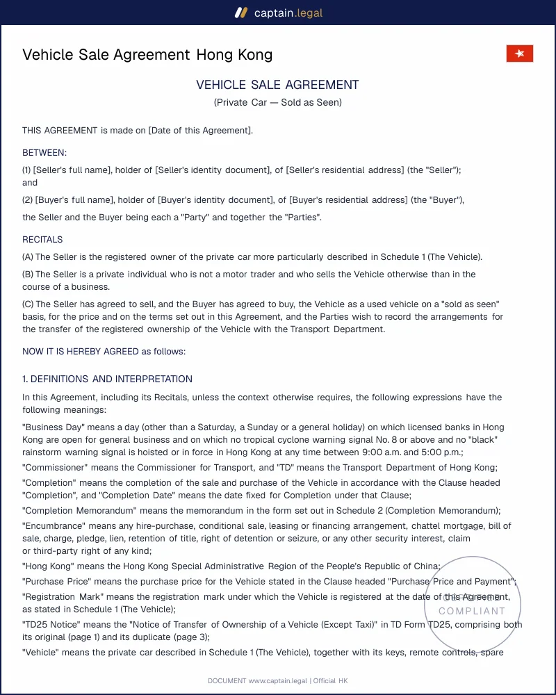 Vehicle Sale Agreement HK: Cap. 26, Cap. 71 and TD25