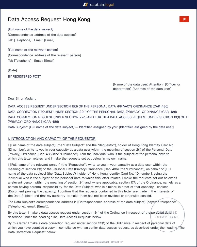 PDPO Data Access Request HK: Cap. 486 ss. 18-22, OPS003