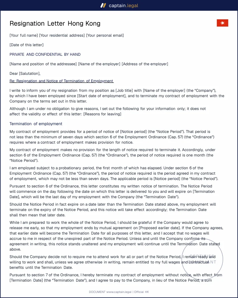Resignation Letter Hong Kong: Cap. 57 ss. 6, 7 and 25