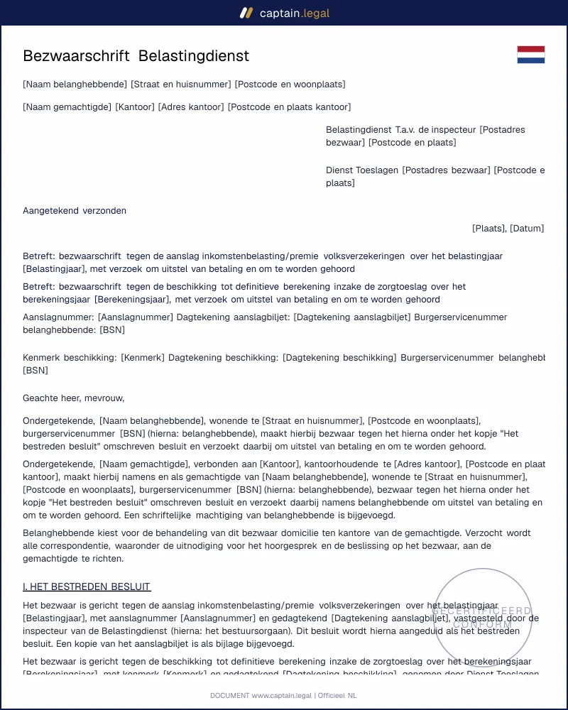 Bezwaarschrift Belastingdienst | art. 26 AWR en 6:5 Awb