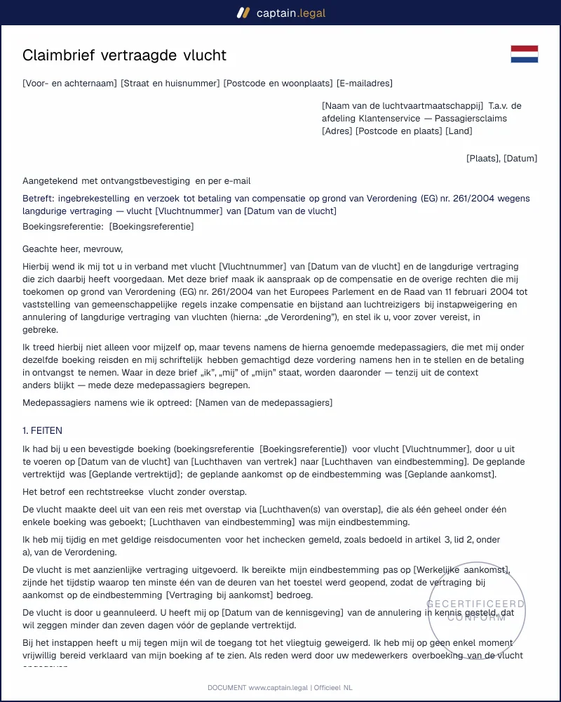 Claim vertraagde vlucht | Verordening (EG) 261/2004