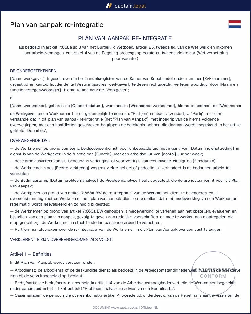 Plan van aanpak re-integratie | art. 7:658a BW model