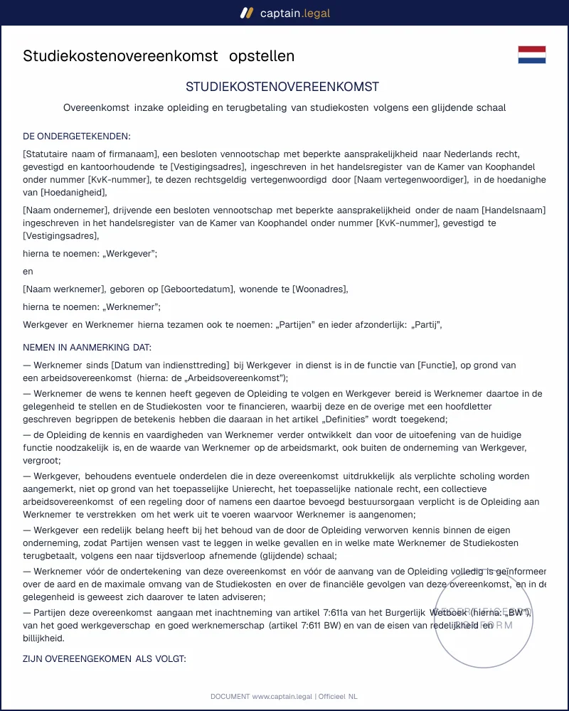 Studiekostenovereenkomst | art. 7:611a BW en Wtva model