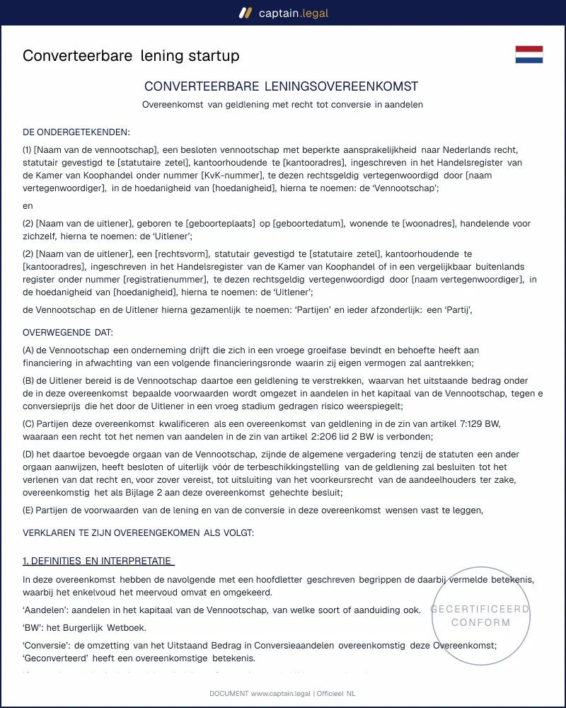 Converteerbare lening (art. 7:129 BW) | Model startup
