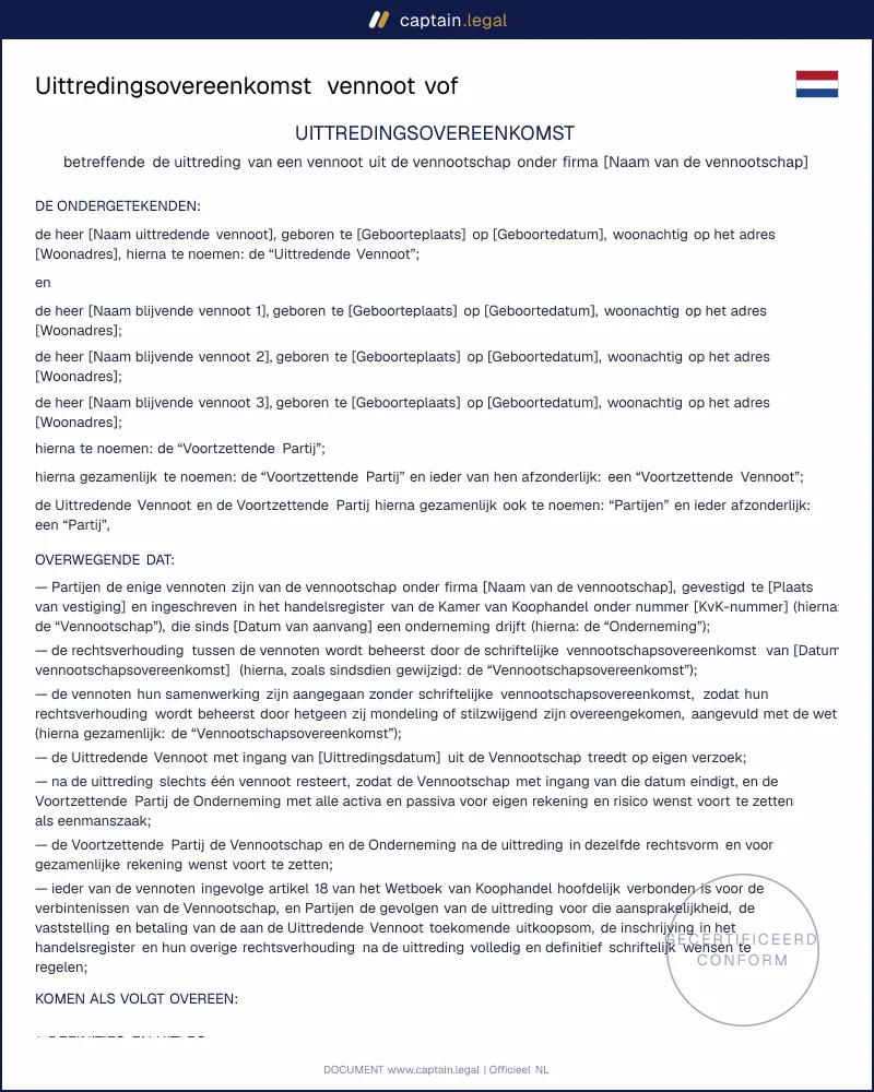 Uittredingsovereenkomst vof | Art. 18 WvK en 7A:1683 BW