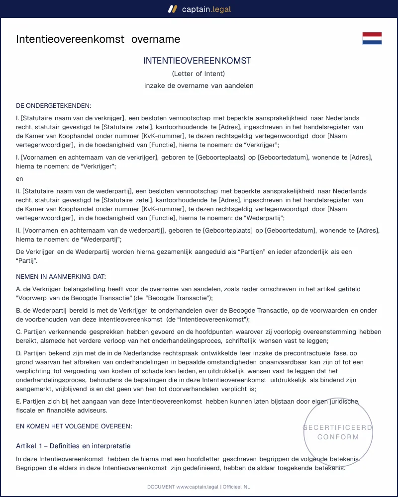 Intentieovereenkomst overname | CBB/JPO & art. 6:217 BW