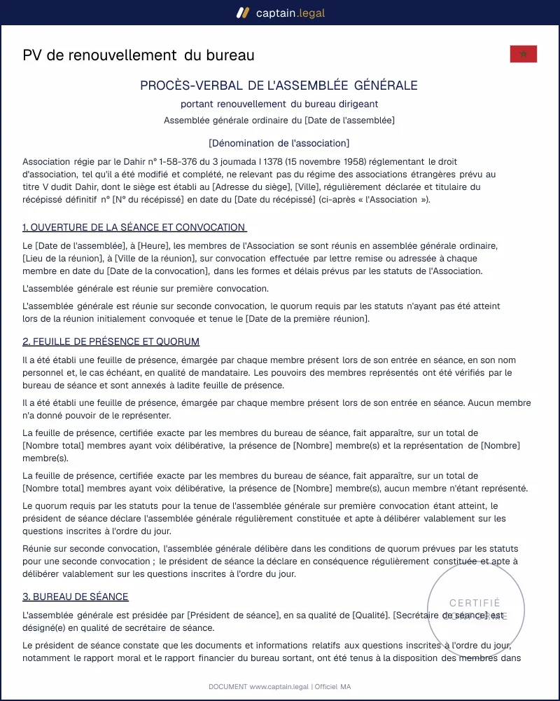 PV de renouvellement du bureau : article 5 du Dahir 1958