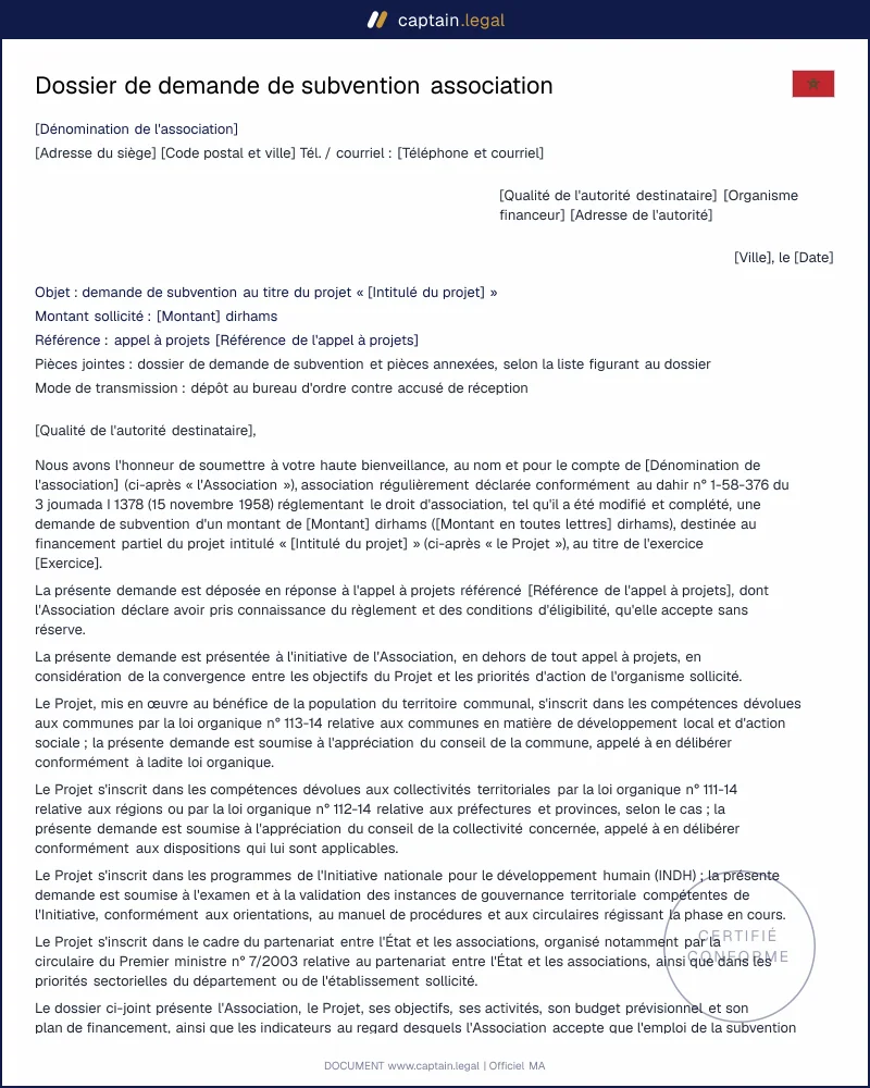 Subvention association Maroc : modèle Dahir 1958, loi 75-00