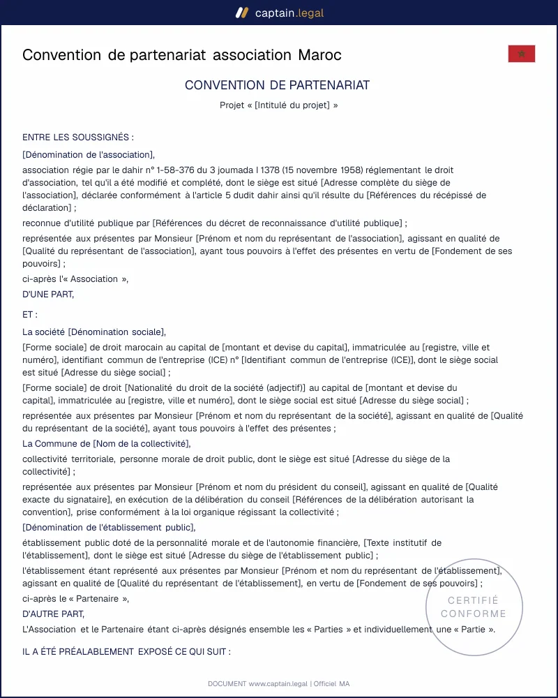 Convention de partenariat association | Dahir 1958 et DOC