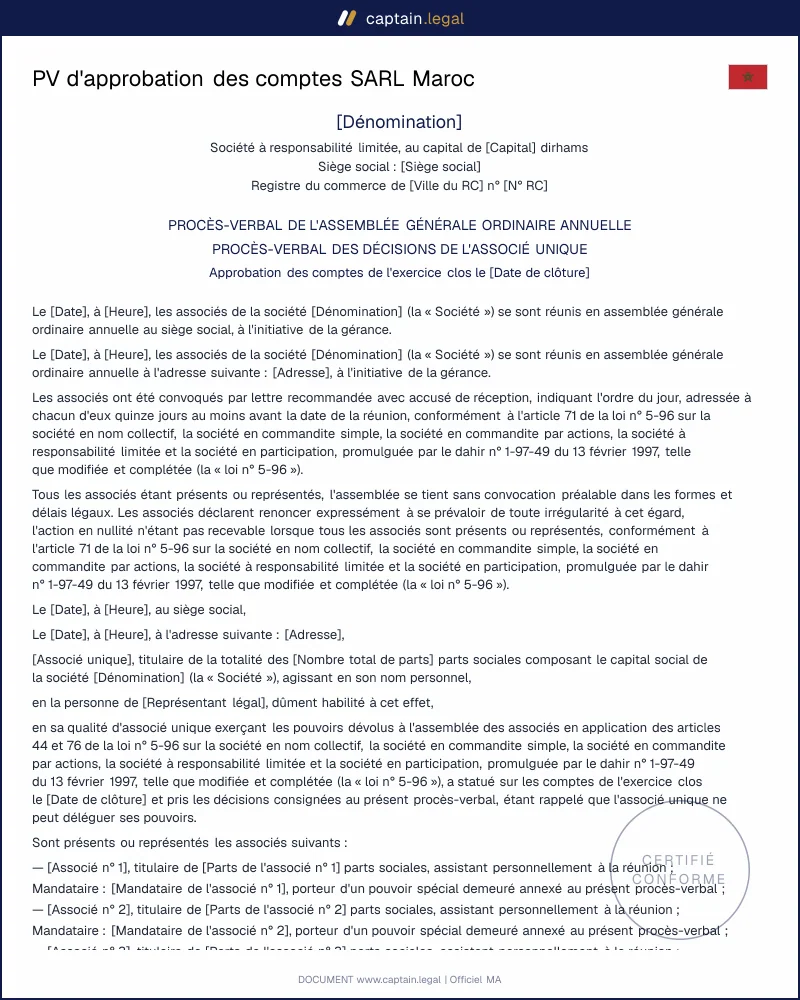PV d'approbation des comptes SARL : loi 5-96, art. 70
