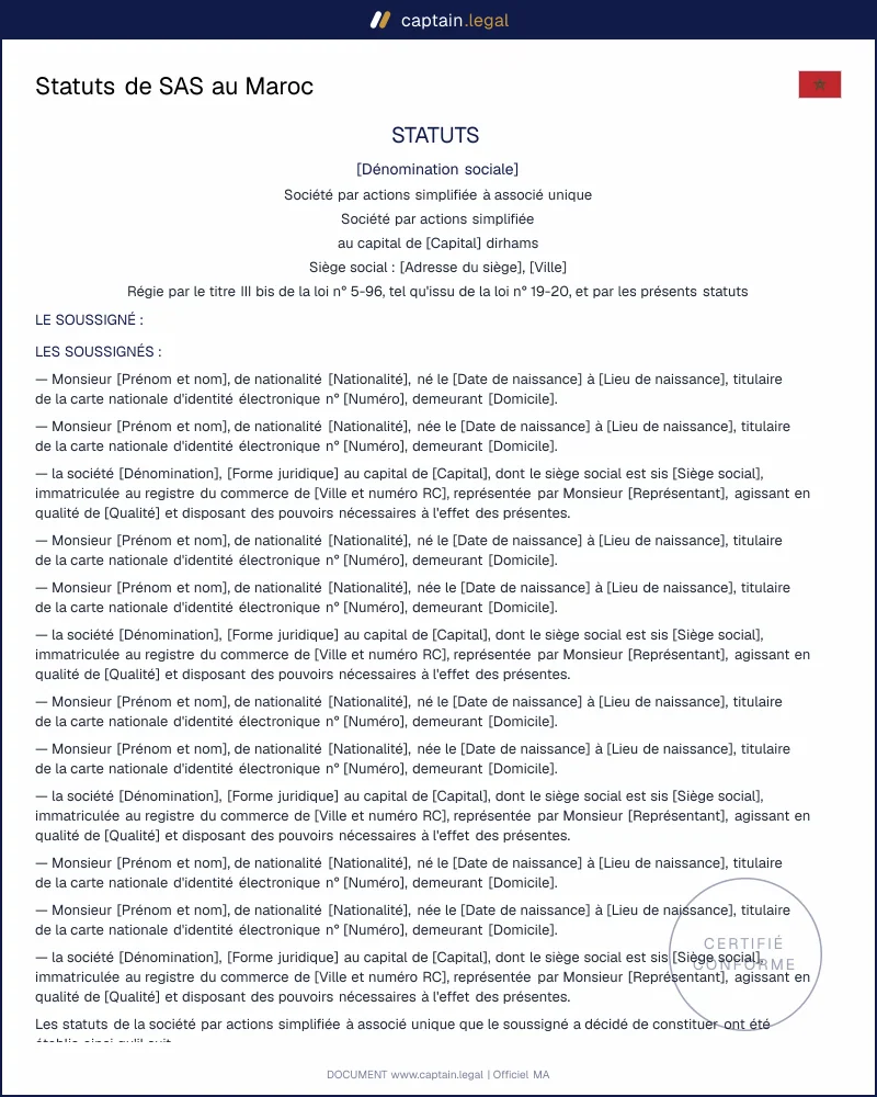 Statuts SAS Maroc conformes à la loi 19-20 et loi 5-96